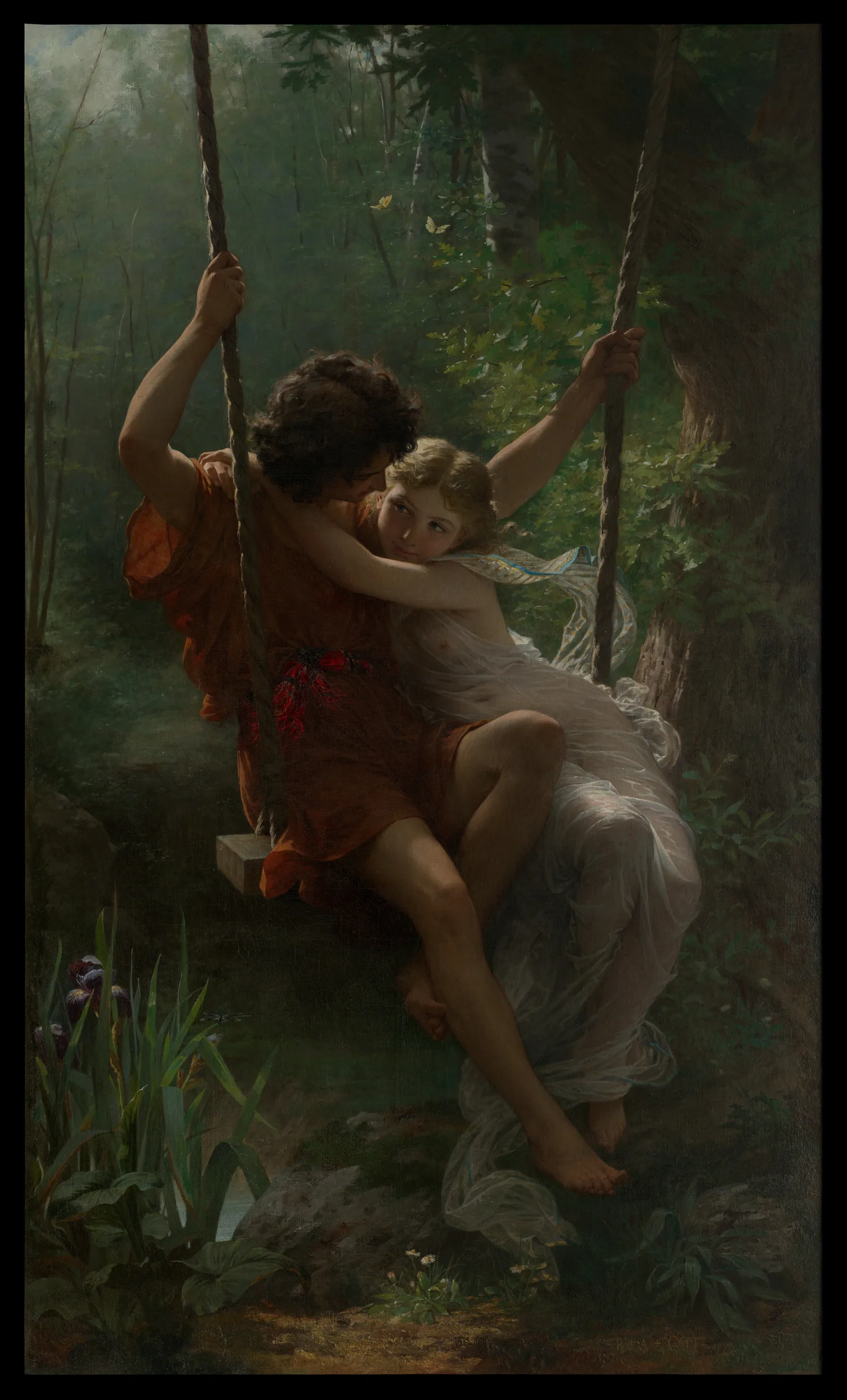 Pierre-Auguste Cot'nun tablosunda genç bir çift bir salıncakta, yumuşak yeşil bir ormanın içinde.