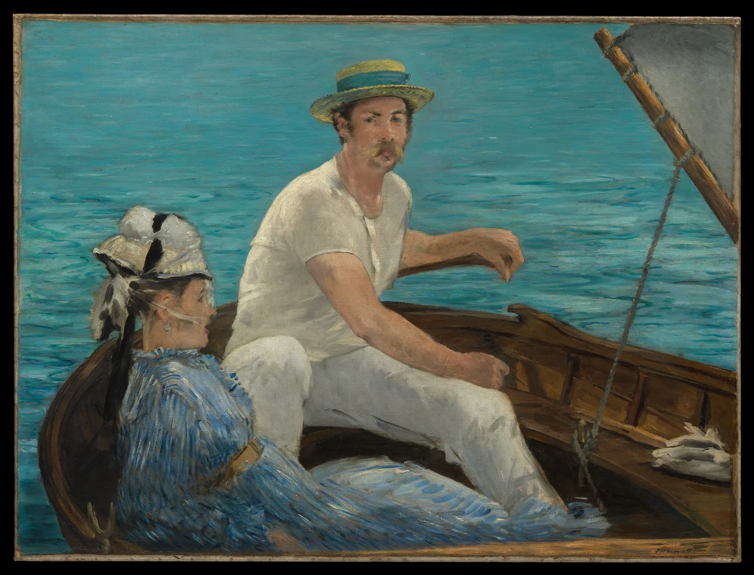 Manet'nin tablosunda bir adam kayığın dümeninde, yanında beyaz elbiseli bir kadın; su neredeyse düz mavi bir yüzey.